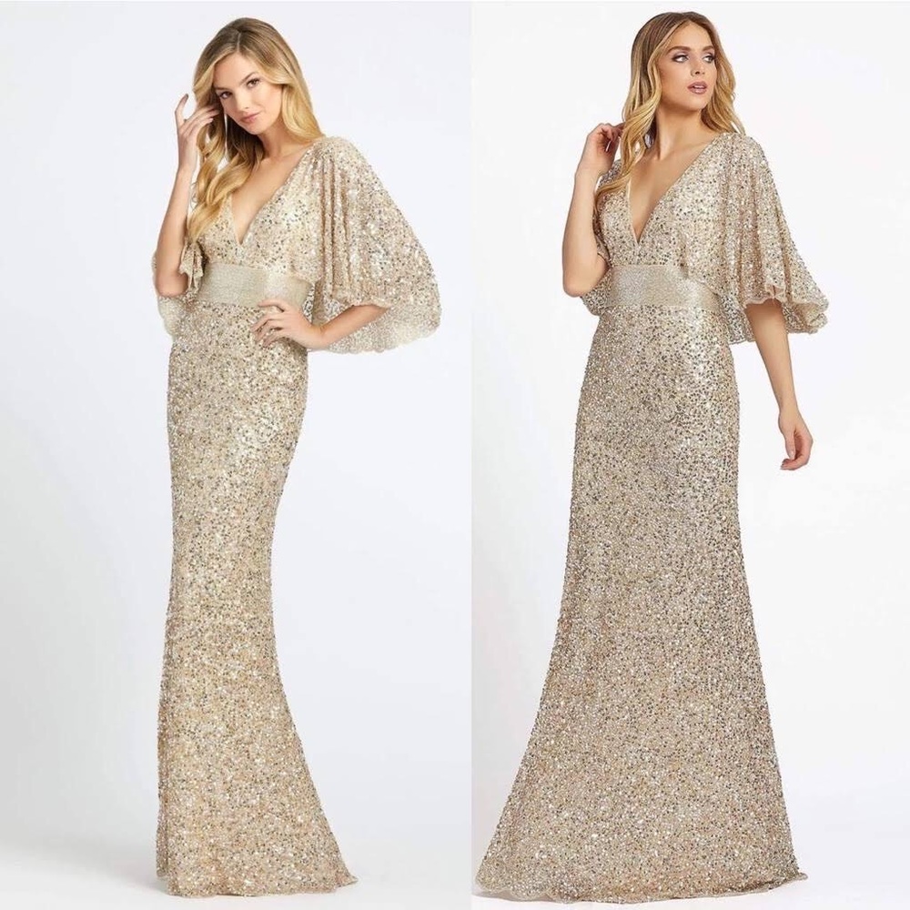 $698 Mac Duggal capelet v neck sequin beaded waist gown -STUNNING